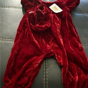Plush Velvet Infant Romper in Rich Red with matching headband